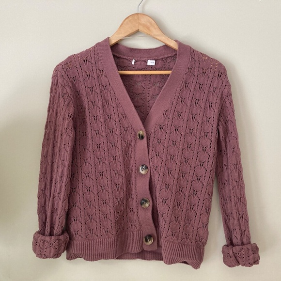 Pointelle Cardigan, Mauve Knit Sweater, Button Up Cardi, Vintage-Style - Picture 6 of 7